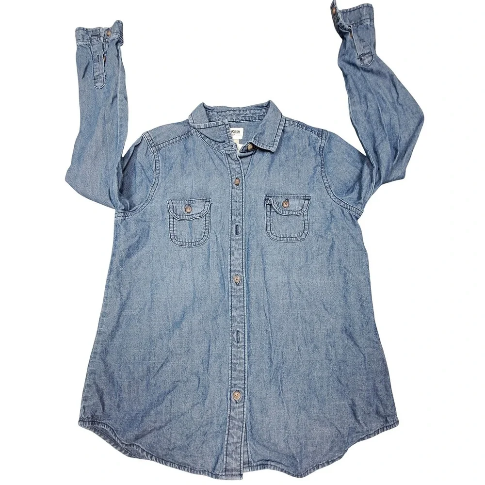 OshKosh Bgosh Kids Blue Denim Long Sleeve Button Down Shirt Size 12 Dual Pockets